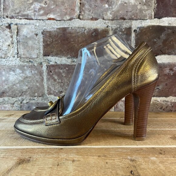 COACH METALLIC Leather Signature Gold Turnlock Buckle Pumps Women's Size 9.5 - Picture 3 of 8